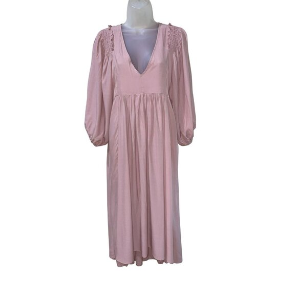 New Mustard Seed Pink Midi Dress With Puff Sleeves & Smocked Shoulders  Size S P - Picture 2 of 10